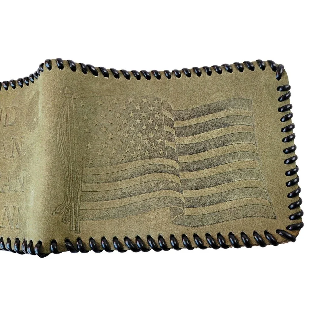 PROUD TO BE AN AMERICAN VETERAN! Handmade Gray Leather Billfold Wallet Bifold